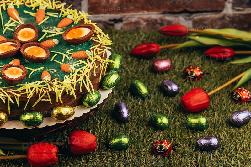 An Easter cake with carrots next to chocolate eggs and tulips on green grass