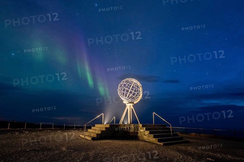 Northern Lights at the North Cape with steel globe, Nordkapp, Finnmark, Norway, Europe