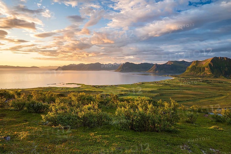 View of the coast and mountains from Mount Hoven, Gimsoy, Lofoten, Norway, Europe