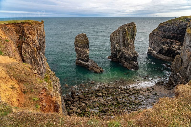 Elegug Stacks or Stack Rocks rock formation in the Pembrokeshire Coast National Park, Pembrokeshire, Wales, Great Britain