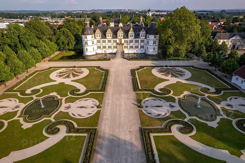 Neuhaus Castle in Paderborn seen from the air, North Rhine-Westphalia, Germany, Europe