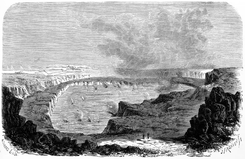 Crater lake of the active volcano Kilauea in the Pacific Ocean, geology of the earth's history, volcanic landscape, Hawaii, USA, historical illustration 1882, North America