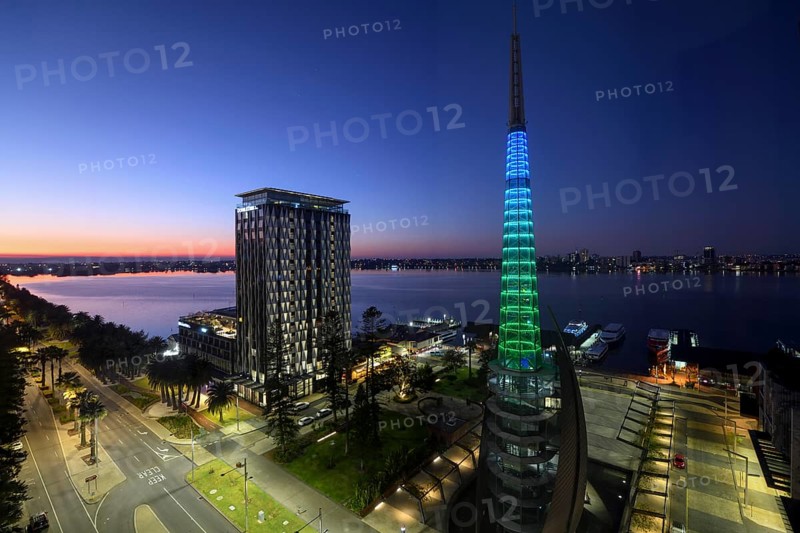 View of the Swan River from the city centre, blue hour, Perth, State of Western Australia, Australia, Oceania