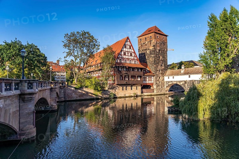 Half-timbered house Weinstadel and water tower on the Pegnitz in Nuremberg, Bavaria, Germany, Europe