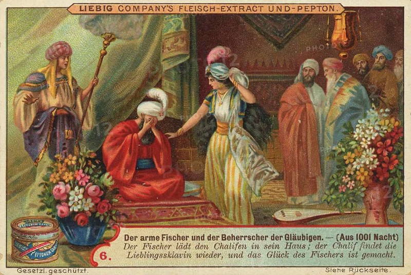 Picture series Fairy tale scenes from 1001 nights, the poor fisherman and the ruler of the believers, the fisherman invites the Khalif into his house and he finds his favourite slave there again, Liebig picture, digitally restored reproduction of a collector's picture from around 1900, public domain, exact date unknown, A woman presents flowers as a gift to the caliph in a colourful tent