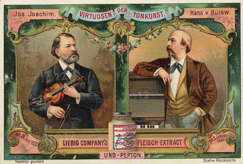 Picture series Virtuosen der Tonkunst, Jos Joachim and Hans von Bülow, Liebig picture, digitally restored reproduction of a collector's picture from around 1900, public domain, exact date unknown, portraits of Joachim and von Bülow, depiction of musical virtuosity, decorative frame