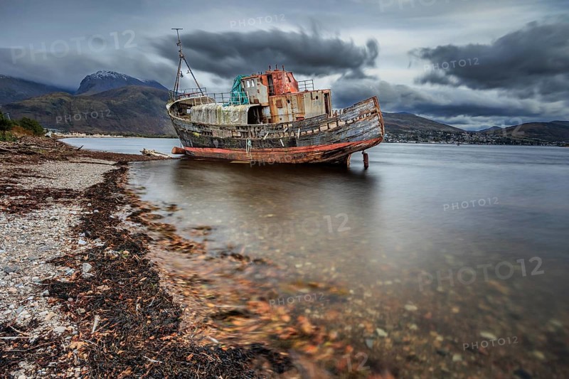 Shipwreck, coast, sea, mountains, long exposure, cloudy, autumn, Corpach Shipwreck, Corpach, Fort William, Scotland, Great Britain