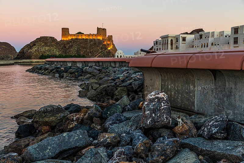 Quay wall at the Sultan's Palace, behind the illuminated photo Al Jalali, Muscat, Arabian Peninsula, Sultanate of Oman