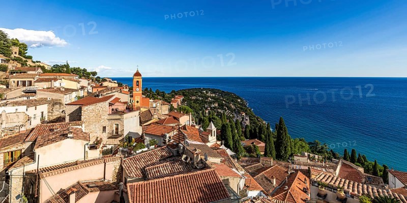 View of Roquebrune, Roquebrune-Cap-Martin, Sea, Côte d'Azur, Mediterranean Sea, France, Europe