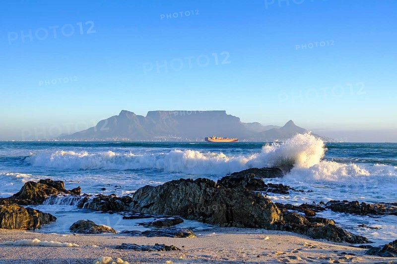 From Bloubergstrand to the silhouette of Cape Town, Cape Town, with Table Mountain, Cape Town, Western Cape, South Africa, Africa