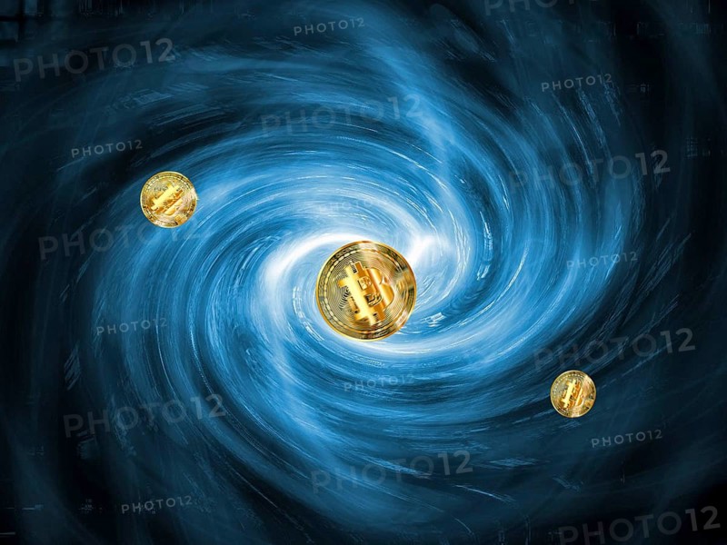 Golden Bitcoin coins floating in a blue, swirling galactic background, symbolic image, insecure digital currency, Bitcoin, resources, energy, industry, economy critical, exploitation, stress, trade union, payment, wage increase, insolvency, wrong decisions, unemployment, profit, profit slump, share prices, Germany as a business location, global economy, globalisation, environmental protection, mafia