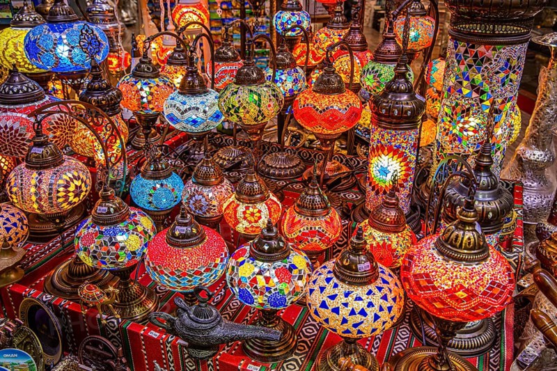 Colourful glass lamps in the souk of Mutrah, Muscat, Arabian Peninsula, Sultanate of Oman