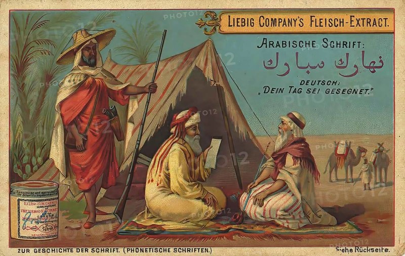 Picture series The history of writing, Arabic script, Liebig picture, digitally restored reproduction of a collector's picture from ca 1900, public domain, exact date unknown, men in oriental clothing in front of a tent, Arabic script in the background
