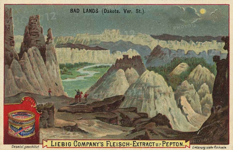 Picture series Volcanic landscapes, the Badlands in Dakota, America, Liebig picture, digitally restored reproduction of a collector's picture from about 1900, public domain, exact date unknown, dark rock formations of the Badlands under a night moon