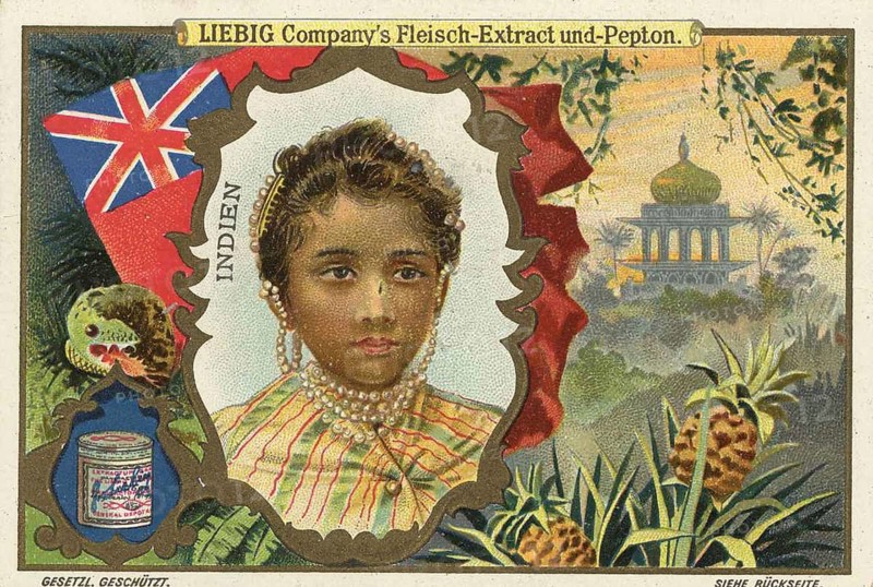 Series Children from Foreign Lands, India, Liebig picture, digitally restored reproduction of a collector's picture from ca 1900, public domain, exact date unknown, Indian woman in front of exotic landscape and British flag, Asia