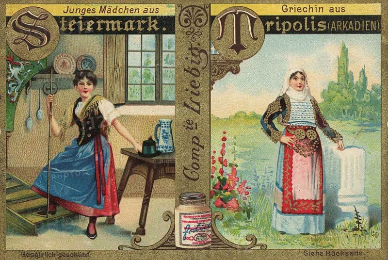 Picture series Noble woman from all over the world, girl from Styria, Austria and woman from Tripoli in Greece, Liebig picture, digitally restored reproduction of a collector's picture from around 1900, public domain, exact date unknown, Styrian girl in dirndl in front of a house and a Greek woman in traditional dress