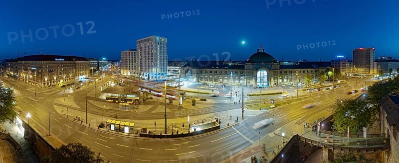 Aerial view, Bahnhofsplatz from left: Grandhotel, The Cloud One Hotel, central station, Diehl & Co KG, Ergo Versicherung, front centre tram stop, bus stop, night shot, Bahnhofstraße, Nuremberg, Middle Franconia, Franconia, Bavaria, Germany, Europe