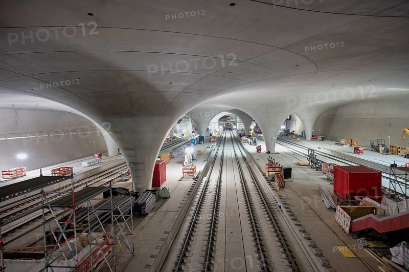 View of the tracks, track bed on concrete, platform 2, chalice supports in the cathedral, construction site, construction material, Stuttgart 21 underground railway project, main station, Stuttgart, Baden-Württemberg, Germany, Europe