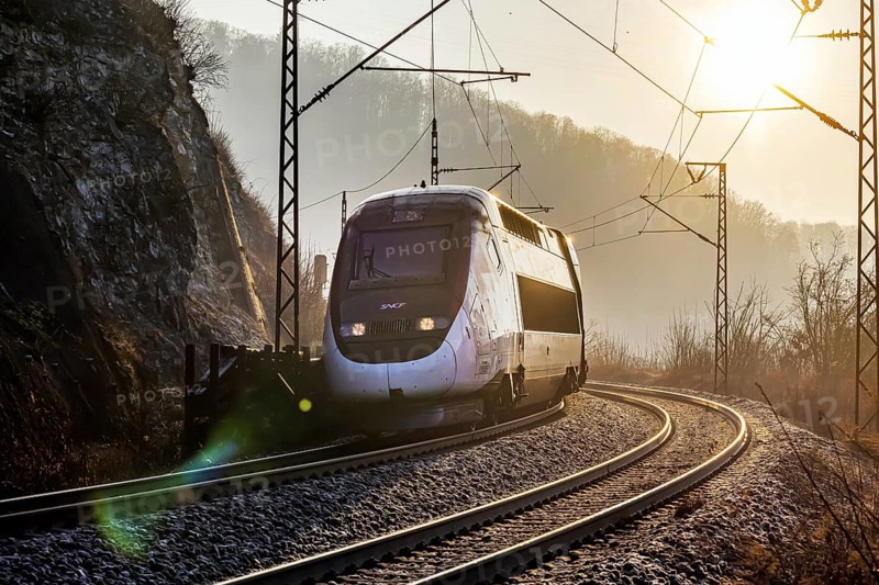 Geislinger Steige, railway line of the Filstallinie railway at dawn. Alb ascent to the Swabian Alb. TGV high-speed train. Geislingen an der Steige, Baden-Württemberg, Germany, Europe