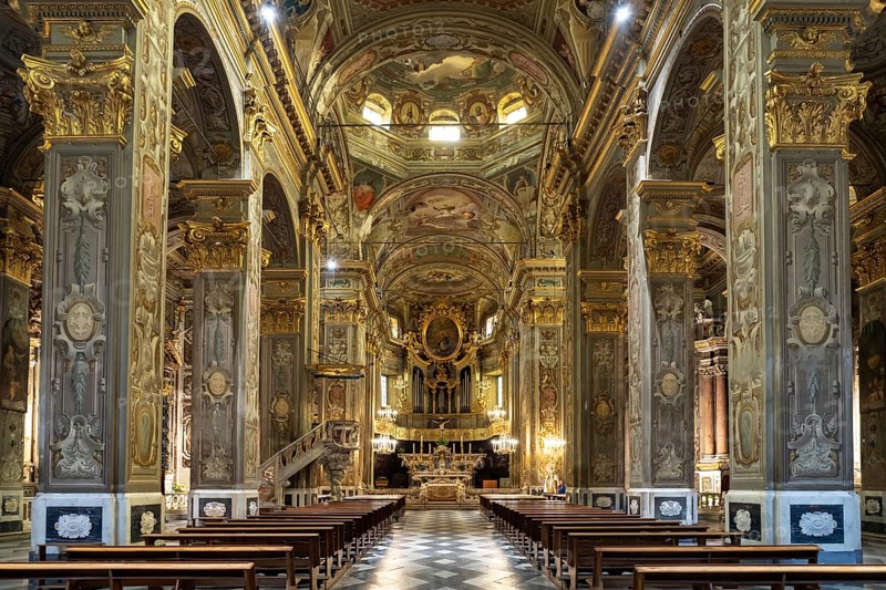 Interior of the Basilica of San Biagio in Finalborgo, Finale Ligure, Riviera di Ponente, Liguria, Italy, Europe