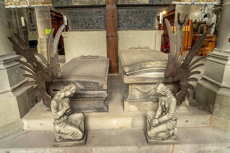Angels and gravestones in the Protestant parish church of St Michael, Schwäbisch Hall, Baden-Württemberg, Germany, Europe