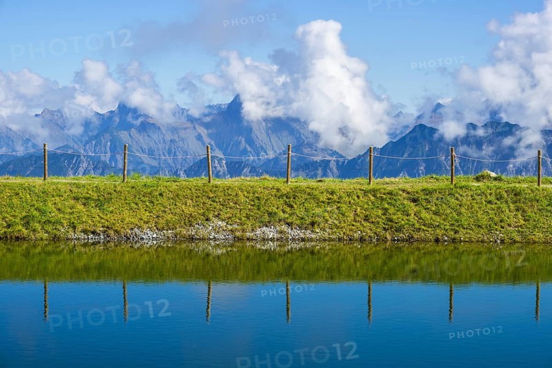 Artificial lake, snow pond, at the mountain station of the Kanzelwand cable car, panoramic view of the eastern Allgäu Alps, Allgaeu, Bavaria, Germany, Europe
