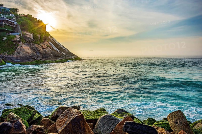 Entrance to the Barra da Tijuca canal seen from the breakwater during sunrise in Rio de Janeiro Rio de Janeiro, RJ, Brazil, South America