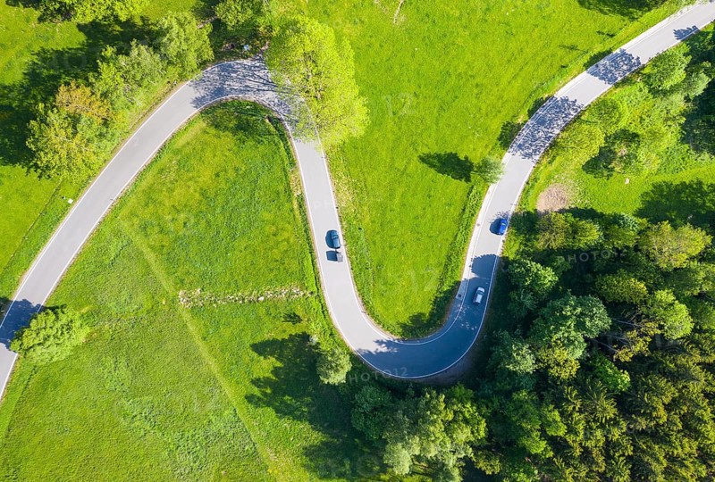 Aerial view of the winding serpentine road between Reifland and Rauenstein, Pockau-Lengefeld, Erzgebirge, Saxony, Germany, Europe