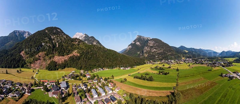 Drone image, view of Sankt Martin bei Lofer and Lofer, Loferer Steinberge, Saalachtal, Pinzgau, Salzburg province, Austria, Europe