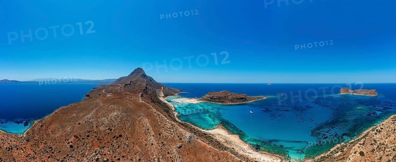 Drone shot, Gramvousa peninsula with view to the beach and bay of Balos, Kolimbari, West Crete, Crete, Greece, Europe