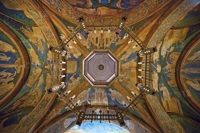 St. Maria and Clemens, view from the lower church through the opening to the ceiling of the upper church, Bonn, North Rhine-Westphalia, Germany, Europe