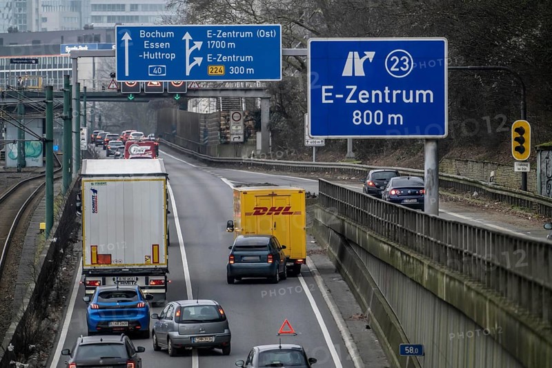 Traffic jam on the A40 motorway due to a rear-end collision in the right-hand lane, looking east, Essen, North Rhine-Westphalia, Germany, Europe