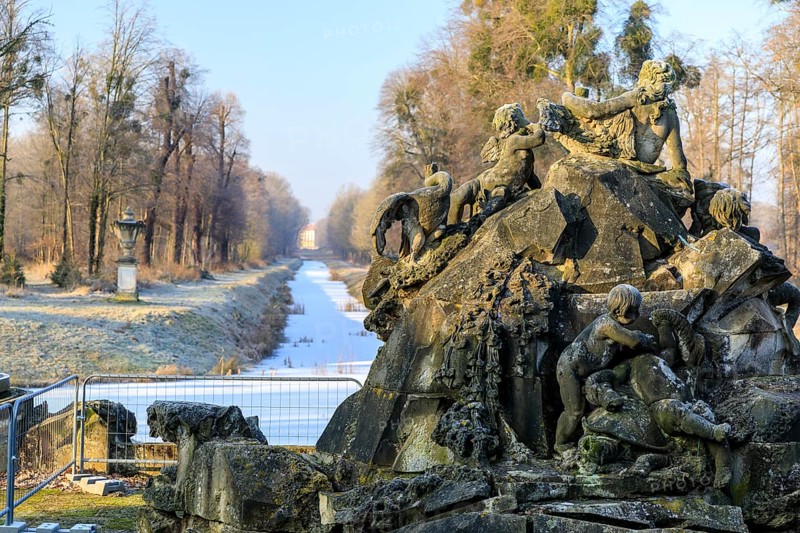 Baroque Venus Fountain at the Fasanenschlößchen, in the background the canal and visual axis to Moritzburg Castle, Saxony, Germany, Europe