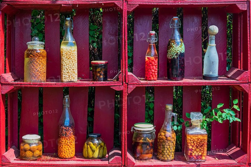 A red wooden shelf with jars and bottles full of pickled fruits and vegetables at the Hortulus gardens (Ogrody Termatyczne Hortulus)in Dobrzyca, Poland, Europe