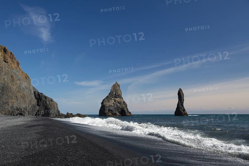 Rocks and cliffs at the black beach of Vík í Mýrdal, South Iceland