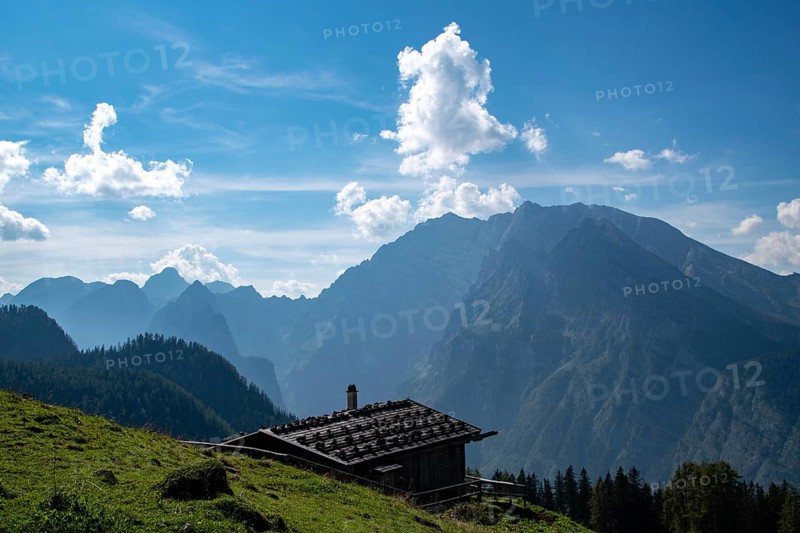 Rustic alpine hut on the Priesbergalm with a view of the Watzmann, Berchtesgaden National Park, Bavaria, Germany, Europe