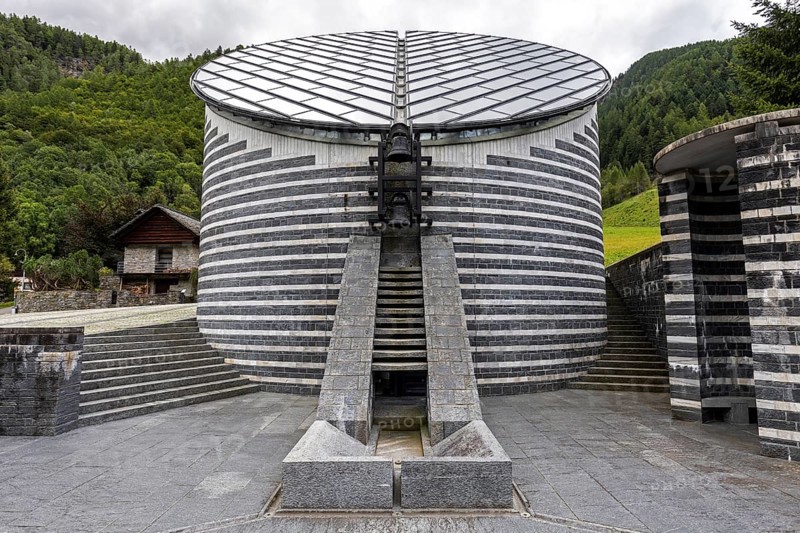 Chiesa di San Giovanni Battista, exterior view, architect Mario Botta, Mogno, near Fusio, Lavizzara, Canton Ticino, Switzerland, Europe
