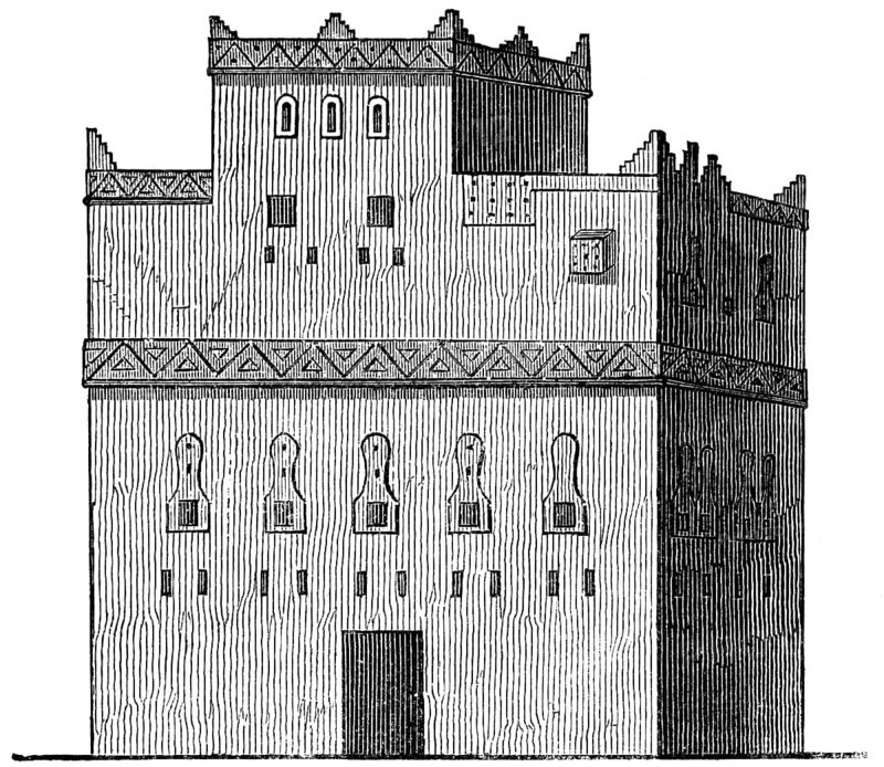 Oriental mud house with two storeys and roof terrace, small windows to the outside, bands with abstract ornamentation, architecture, building in a hot climate, climate-friendly, environment, future, Bible, historical illustration, Biblical Dictionary 1862