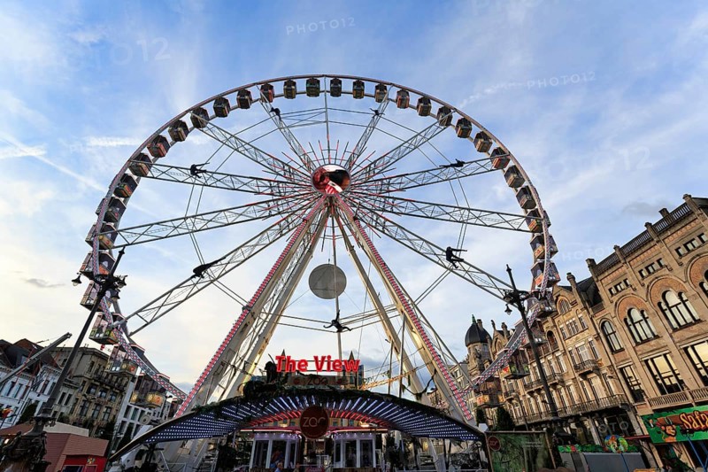 Ferris wheel The View, dusk, historic city centre, Antwerp, Flanders, Belgium, Europe