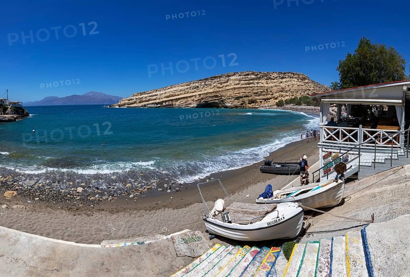 Fishing boats on the beach of Matala, south coast, Crete, Greece, Europe