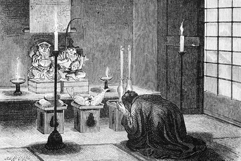 Butsudan or shrine, home altar of a Japanese family, praying, kneeling down, Buddhism, religion, burning candles, Buddha, travelling in Asia, Japan, historical illustration 1887, Asia