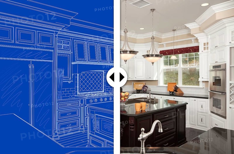 Before and after slider comparing blueprint sketch drawing plans and completed custom kitchen