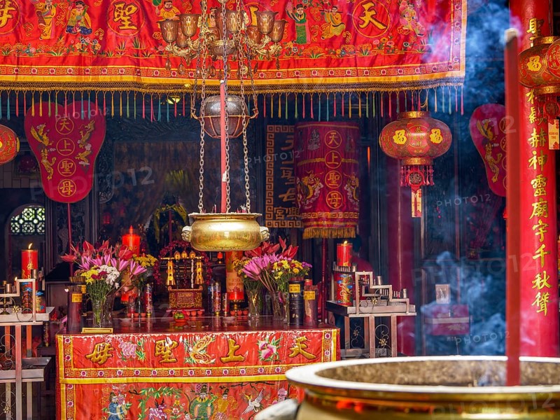 Chinese temple, smoke and brass bowl, Ban Hin Kiong Temple, Manado, Sulawesi