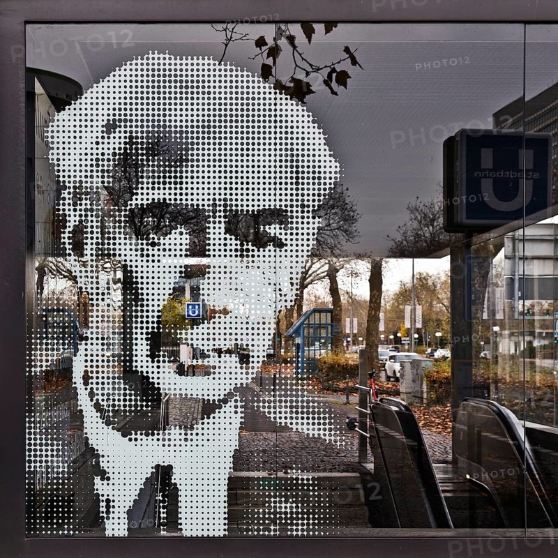 Portrait of Theodor Heuss on the glass pane at the underground exit Heussallee and Museumsmeile, Bonn, North Rhine-Westphalia, Germany, Europe