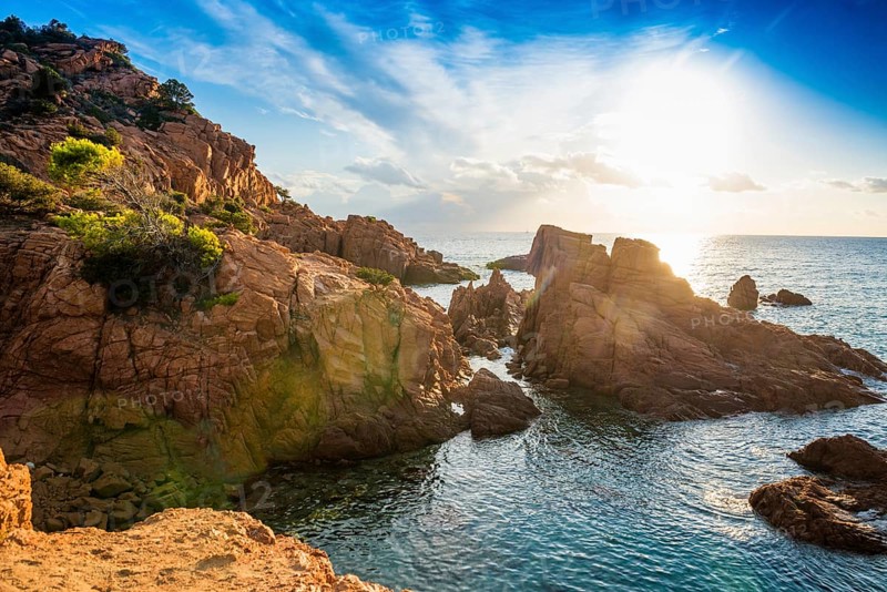 Red rocks and sea, Spiaggia Su Sirboni, sunrise, near Tertenia, Province of Ogliastra, Sardinia, Italy, Europe