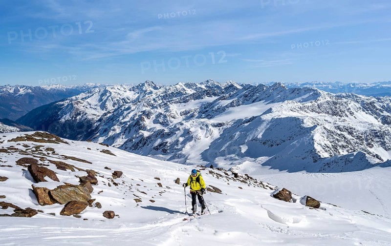 Ski tourers ascending Monte Cevedale, mountain panorama, snow-covered mountain landscape in winter, view into the Martell Valley, high tour, Ortler Alps, Vinschgau Valley, Italy, Europe
