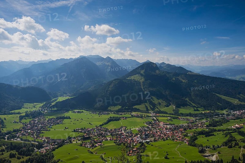 Panorama from Hirschberg, 1456m, into Ostrachtal with Bad Oberdorf, Bad Hindelang and Imberger Horn, 1656m, Oberallgaeu, Allgaeu, Swabia, Bavaria, Germany, Europe