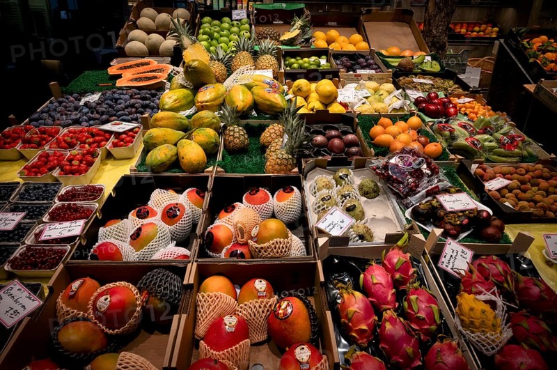 Interior view market hall, fruit stall, fruit, tropical fruit, pitahaya, food market, food, stall, Stuttgart, Baden-Württemberg, Germany, Europe