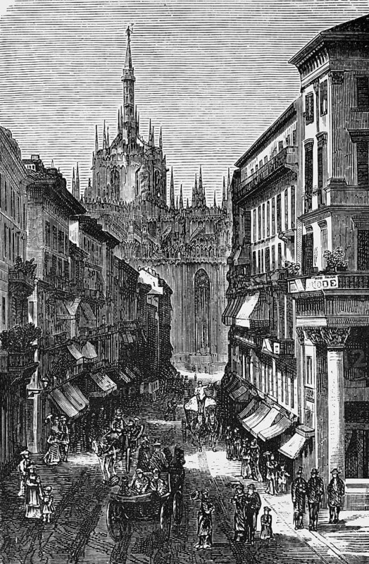 Shopping street with cathedral in Milan, trade, crowd, sun protection, carriage, geography, Italy, historical illustration 1888, Europe