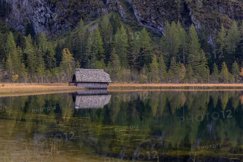 Boatshelter at Lake Stappitz in first morning light, Seebach valley, Mallnitz, Carinthia, Austria, Europe